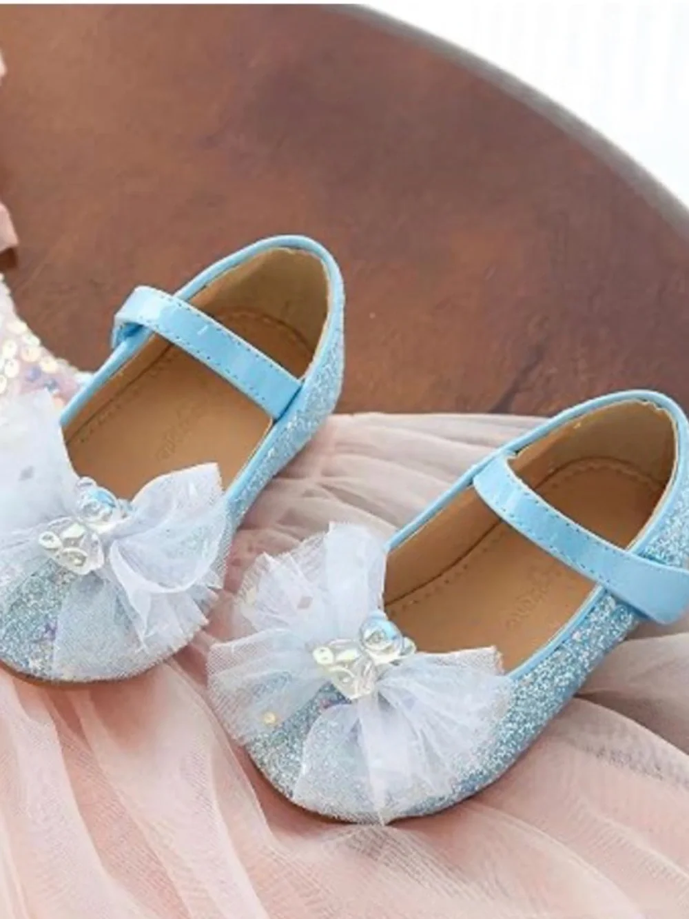 Girls Sparkle Blue Mary Jane Ballet Flats with Tulle Bow